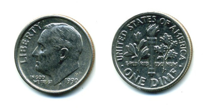 США 10 ЦЕНТОВ = 1 ДАЙМ 1990 P, РУЗВЕЛЬТ KM 195а медь плакированная медно-никелем 46-2515