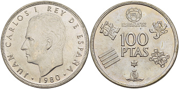 Испания 100 песет 1980 (80) чемпионат мира по футболу в Испании 1982 года, Хуан Карлос I ( 1975-) KM 8 20 медно-никель UNC 4184-422