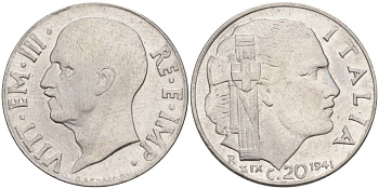 ИТАЛИЯ 20 ЧЕНТЕЗИМО 1941 R, ГОД XIX, ВИКТОР ЭММАНУИЛ III (1900-1946) KM 75b, VEM3. 1028 нержавеющая сталь 3853-1112