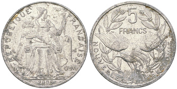 Французская Новая Каледония 5 франков 2009 птица кагу, (IEOM) KM 16, Schoen 12, Lec 81k алюминий 221-836