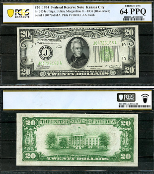США 20 долларов 1934 серия 1934, J (Канзас), в слабе PCGS 64 PPQ Choice UNC Pick 431D, Fr. 2054a  бумага  UNC (пресс) 452-1-144