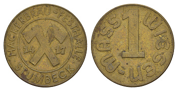 Германия, Мюнхен жетон 1 литра пива ND Hackerbrau-Festhalle, Wiesen-Mass, диаметр 26 мм, вес 5,4 гр Men05 17499.1 бронза 4656-422