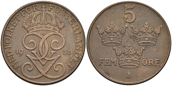 Швеция 5 эре 1935 Густав V (1907-1950) KM 779.2 бронза 4557-626