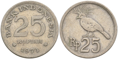 Индонезия 25 рупий 1971 венценосный голубь KM 34 медно-никель 4605-744
