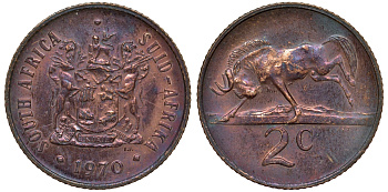 ЮАР 2 цента 1970 герб, антилопа гну KM 83 бронза 4163-1017