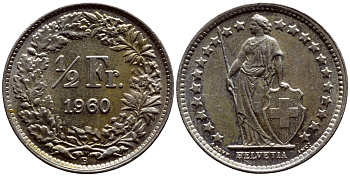 ШВЕЙЦАРИЯ 1/2 ФРАНКА 1960 В KM 23 серебро 633-934