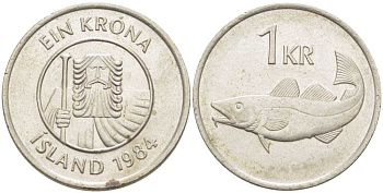 Исландия 1 крона 1984 треска KM 27 медно-никель 117-1041