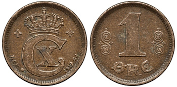 Дания 1 эре 1919 HCN; GJ, Кристиан X (1912-1947) KM 812.2 бронза 26-923