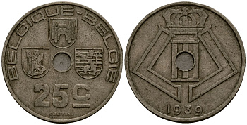 Бельгия 25 сантимов 1939 Belgique - Belgie KM 114 никель латунь 4382-223