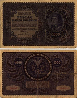 ПОЛЬША 1000 МАРОК 1919 23 АВГУСТА 1919, ТРЕТИЙ ВЫПУСК, ПОРТРЕТ КОСТЮШКО Pick 29 бумага VF 8607-23-1