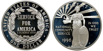 США 1 доллар 1996 S, Коммунальные службы США, в оригинальной коробке серебро PROOF 2-4-2-10