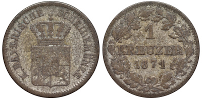 Бавария 1 крейцер 1871 Людвиг II (1864-1886) KM 487 серебро 75-1241