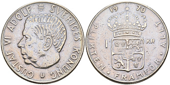 Швеция 1 крона 1970 U, Густав VI Адольф (1950-1973) КМ 826a медь плакированная медно-никелем 4177-147