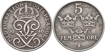 Швеция 5 эре 1946 Густав V (1907-1950) KM 812 железо 4557-721