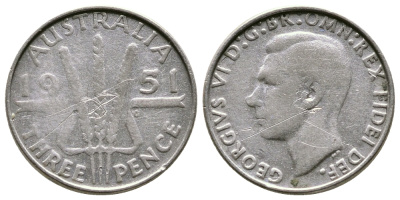 Австралия 3 пенса 1951 m, Георг VI (1937-1952), без букв KM 44 серебро 4178-236