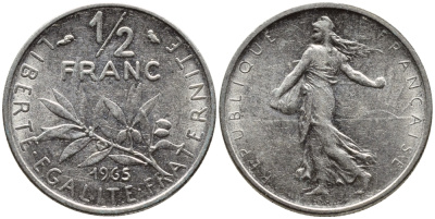 Франция 1/2 франка 1965 сеятель KM 931, Le Franc 198.3 никель 4392-462