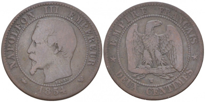 ФРАНЦИЯ 2 САНТИМА 1854 W KM 776.7 бронза 116-739