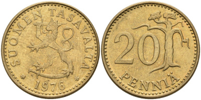 Финляндия 20 пенни 1976 K KM 47 алюминиевая бронза 4582-1256