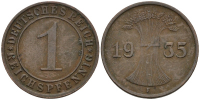 Германия 1 рейхспфенниг 1935 F KM 37, J. 313 бронза 4124-826