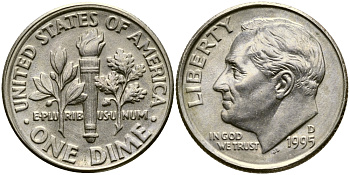 США 10 ЦЕНТОВ = 1 ДАЙМ 1995 D, РУЗВЕЛЬТ KM 195а медь плакированная медно-никелем 46-1152