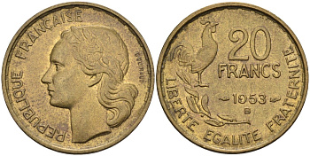 Франция 20 франков 1953 В, тип Guiraud KM 917.2, Le Franc 402.12 алюминиевая бронза 4116-1157