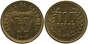 Колумбия 100 песо 2010 KM 285.2, Restrepo 445.11 латунь 4539-137
