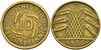 Германия 10 рейхспфеннигов 1935 J KM 40, J. 317 алюминиевая бронза    4601-836