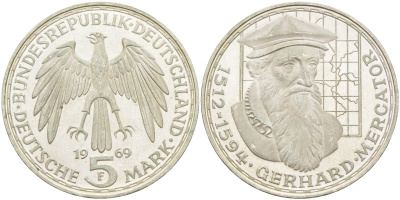 ФРГ 5 марок 1969 F, 375 лет со дня смерти Герарда Меркатора J. 400, KM 126.1 серебро 4117-235