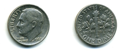 США 10 центов (дайм) 1967 Рузвельт KM 195а медь плакированная медно-никелем 46-2355