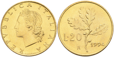 Италия 20 лир 1994 R, дубовый лист KM 97.2 алюминиевая бронза  UNC  4594-859