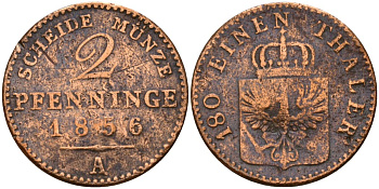 Пруссия 2 пфеннига 1856 A, Фридрих Вильгельм IV (1840-1861) KM 452, Jaeger 51, Olding 336, AKS 91 медь 190-933