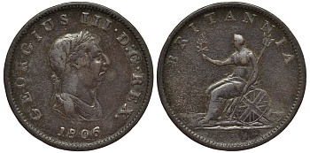 Великобритания 1/2 пенни 1806 Георг III (1760-1820) KM 662, Spink 3781 медь 1529-1112