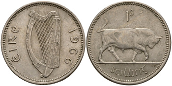 Ирландия 1 шиллинг 1966 бык KM 14a медно-никель 4187-844