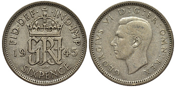 Великобритания 6 пенсов 1945 Георг VI (1936-1952) KM 852, Spink 4084 серебро 4538-556