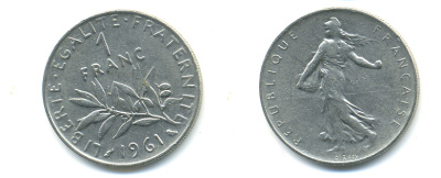 ФРАНЦИЯ 1 ФРАНК 1961 СЕЯТЕЛЬ KM 925.1 никель 86-1811