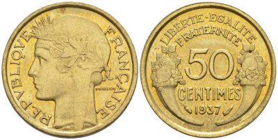 ФРАНЦИЯ 50 САНТИМОВ 1937 ТИП MORLON KM 894.1, LE FRANC 192.13 алюминиевая бронза 44-745