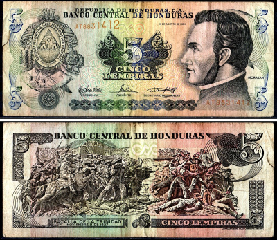 Гондурас 5 лемпира 2004 Pick 85d бумага 3295-77-2-2