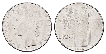 Италия 100 лир 1978 R, богиня Афина KM 96.1 нержавеющая сталь 4148-742