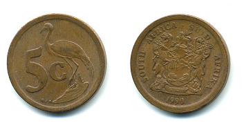 ЮАР 5 ЦЕНТОВ 1990 ГЕРБ, РАЙСКИЙ ЖУРАВЛЬ KM 134 сталь плакированная медью 4364-1124