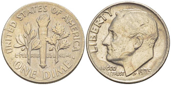 США 10 ЦЕНТОВ = ДАЙМ 1975 РУЗВЕЛЬТ KM 195а медь плакированная медно-никелем 211-1266