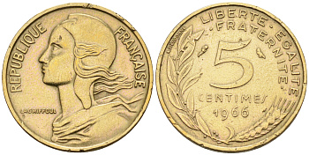 Франция 5 сантимов  1966 тип Марианна KM 933 никель алюминий медь 4115-249