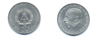 ГДР 20 марок 1971 А, 100 лет со дня рождения Генриха Манна (1871-1950) KM 33, J. 1531 медно-никель 3333-331