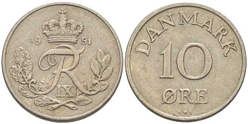 Дания 10 эре 1951 N; S, Фредерик IX (1947-1972) KM 841 медно-никель 4383-466