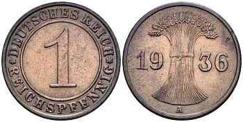 ГЕРМАНИЯ 1 РЕЙХСПФЕННИГ 1936 A KM 37, J. 313, Weege 2 бронза 4547-224
