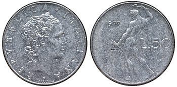 Италия 50 лир 1977 R, бог Вулкан у наковальни KM 95.1 нержавеющая сталь 4142-1142