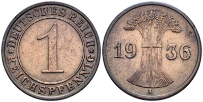 ГЕРМАНИЯ 1 РЕЙХСПФЕННИГ 1936 A KM 37, J. 313, Weege 2 бронза 4547-224