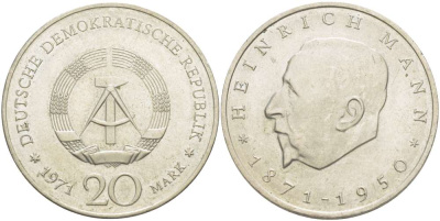 ГДР 20 марок 1971 А, 100 лет со дня рождения Генриха Манна (1871-1950) KM 33, J. 1531 медно-никель 4521-546