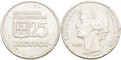 Португалия 25 эскудо 1980 первый год KM 607а медно-никель 4403-841
