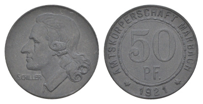 Марбах 50 пфеннигов 1921 Фридрих Шиллер Funck 316.3, Men05 16251.3, Men18 20385.3 цинк 4584-926