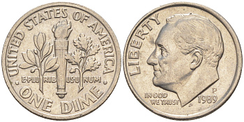 США 10 ЦЕНТОВ = 1 ДАЙМ 1989 P, РУЗВЕЛЬТ KM 195a медь плакированная медно-никелем 187-1063